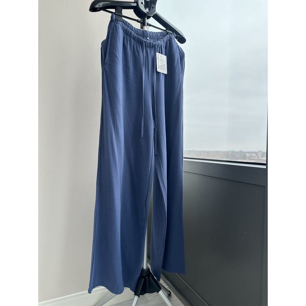 New Trend Women's Blue Cotton Linen Drawstring Wide Leg Pants Relaxed Fit Size L
